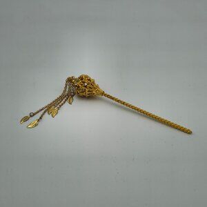 Hair Pin Gold Lotus Barrete Metal Traditional Thai Princess Bridal White Crystal